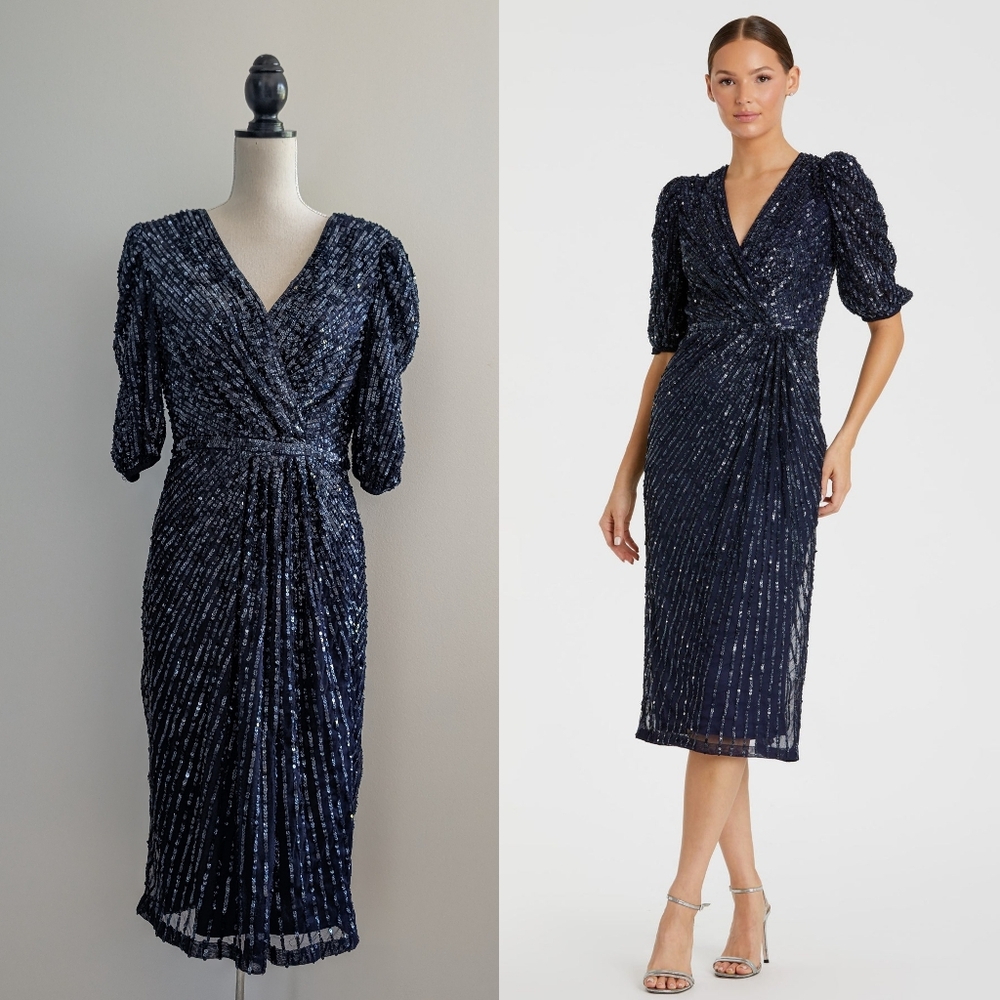 Like new Sz 10 Mac Dugal Sequined V Neck Short Sleeve Midi Dress - Picture 1 of 17